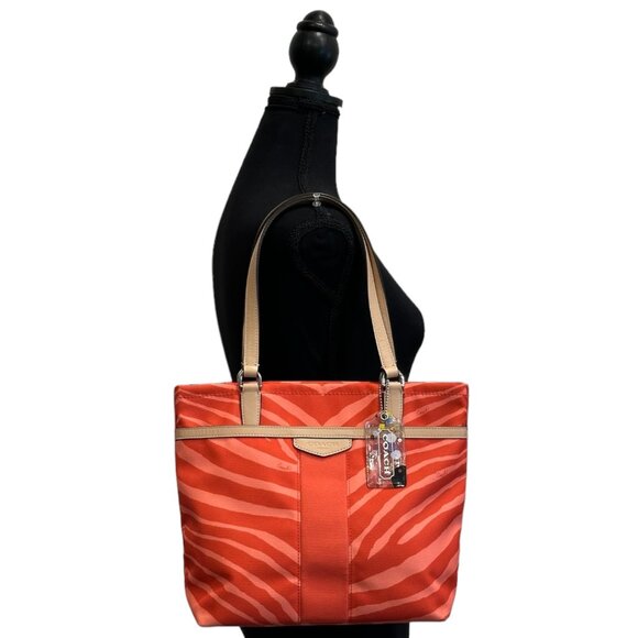 💰SALE💰 COACH Signature Fabric Orange/Tan Zebra Print Tote w/Leather Trim - Picture 2 of 14